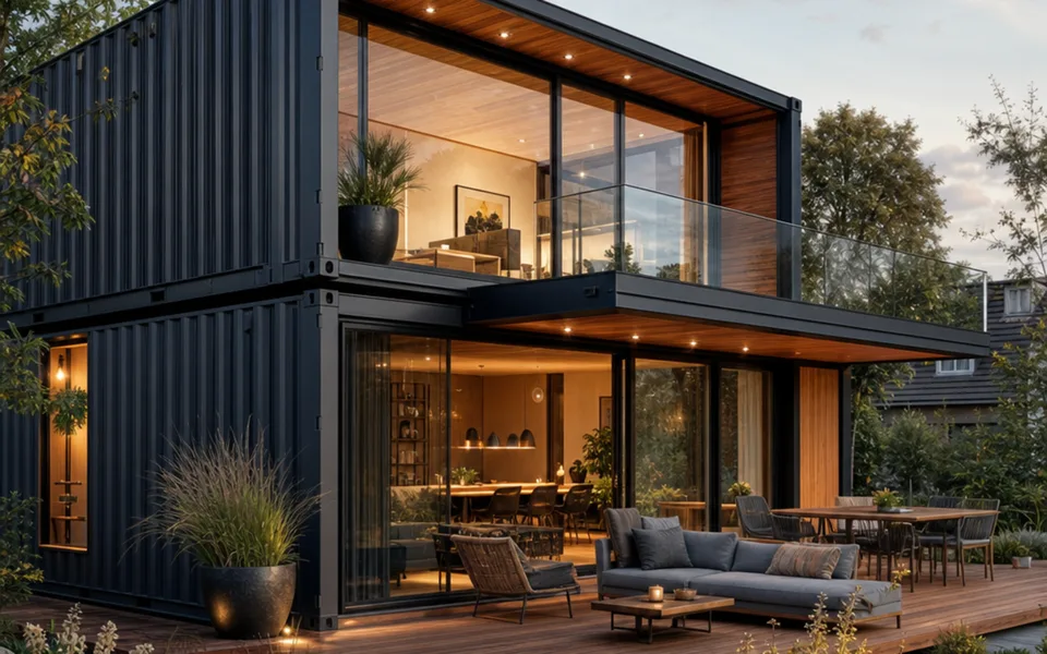 Modernes luxuriöses Containerhaus 2026 mit anthrazitfarbener Containerfassade, Holzverkleidung und Glasfront – Containerhaus-Preise ab 65.000 Euro Modernes luxuriöses Containerhaus 2026 mit anthrazitfarbener Containerfassade, Holzverkleidung und Glasfront – Containerhaus-Preise ab 65.000 Euro