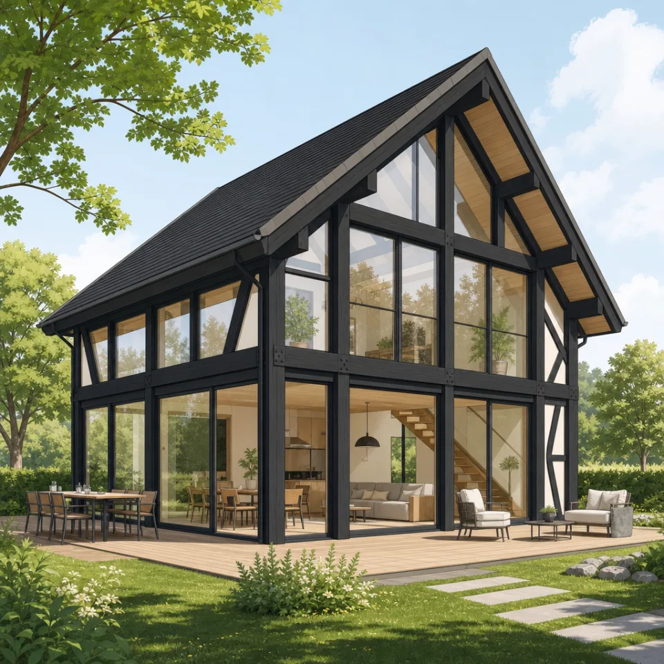 Illustration eines modernen Fachwerkhauses als Holzskelettbau mit sichtbaren Holzstützen und großen Glasflächen Illustration eines modernen Fachwerkhauses als Holzskelettbau mit sichtbaren Holzstützen und großen Glasflächen