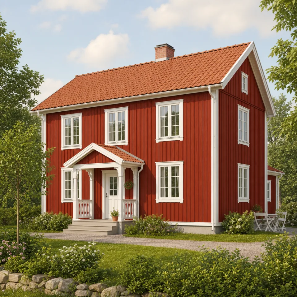 Illustration eines Schwedenhauses mit Falunrot-Holzfassade, weißen Sprossenfenstern und Satteldach Illustration eines Schwedenhauses mit Falunrot-Holzfassade, weißen Sprossenfenstern und Satteldach