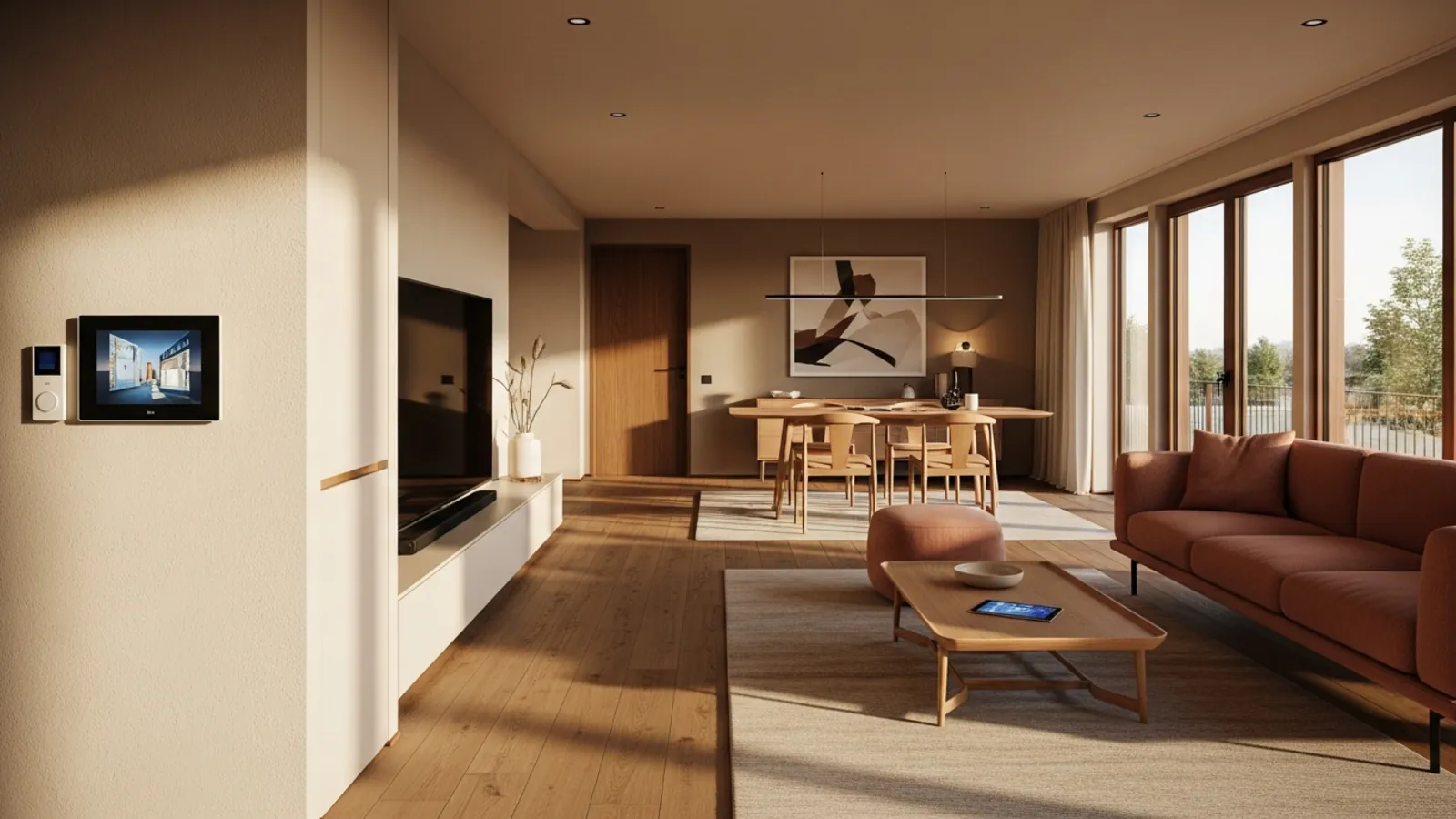Fertighaus-Wohnzimmer mit Touch-Panel – Preisspanne für Smart-Home im Neubau